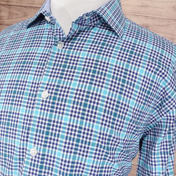 Tattersall London Shirt Mens XL 17-17.5 32/33 Blue Teal Plaid Button Front - Picture 2 of 8